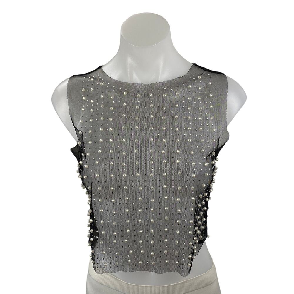 Women's Black Mesh Sheer Beaded Rhinestone Pearl Cami Tank Crop Top Size S